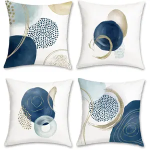 2D Flat - 4pcs Mid-Century Modern Bohemian Abstract Throw Pillow Covers Navy Blue & Golden Geometric Print - 17.7x17.7 Inch Square Decorative Covers with Zipper Closure, Machine Washable Polyester for Sofa Bed Living Room Decor