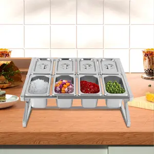 8 Pan Stainless Steel Spice Rack with Lids Adjustable Length Tabletop Organizer for Kitchen Buffet Seasoning Vegetable Storage