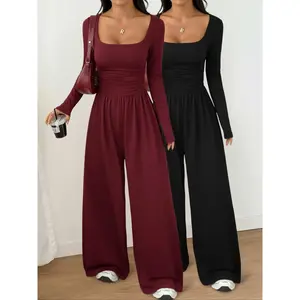 Women's two-piece autumn and winter knitted solid color square neck fashionable and comfortable simple multifunctional long sleeved wide leg jumpsuit setRAIMENTRY