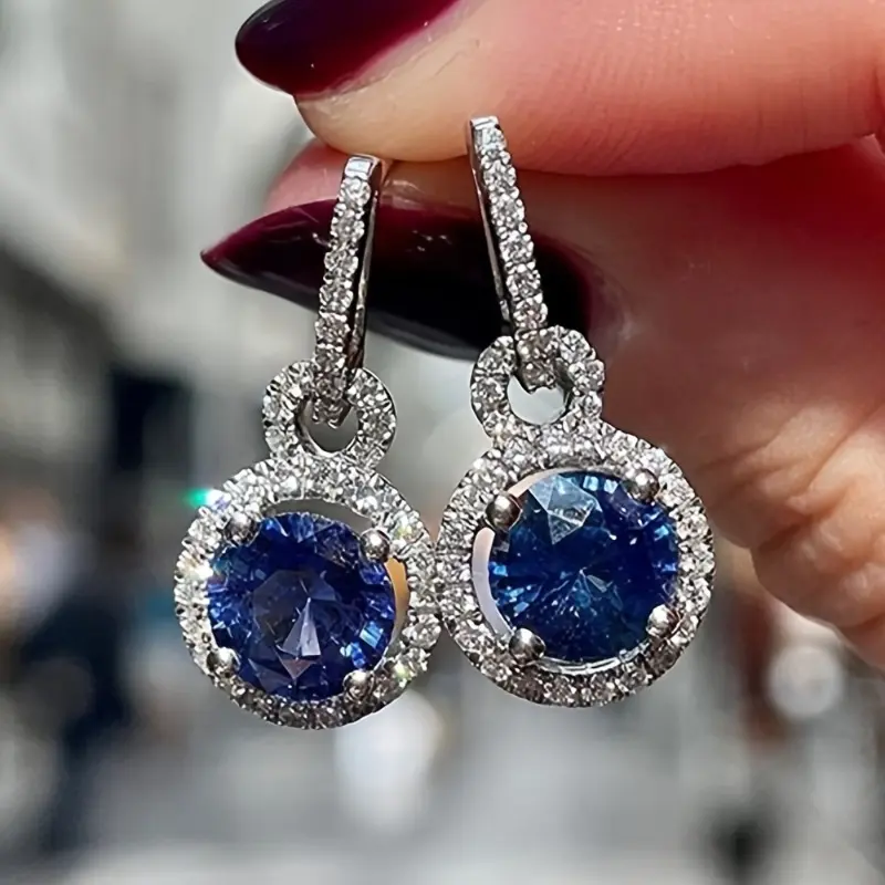 Luxury Blue Zircon Long Statement Earrings for Women - Fashion Party Style Birthday & Holiday Gift - Convertible Ear Hook & Clip Hoop Earrings, Valentine's Day Pick