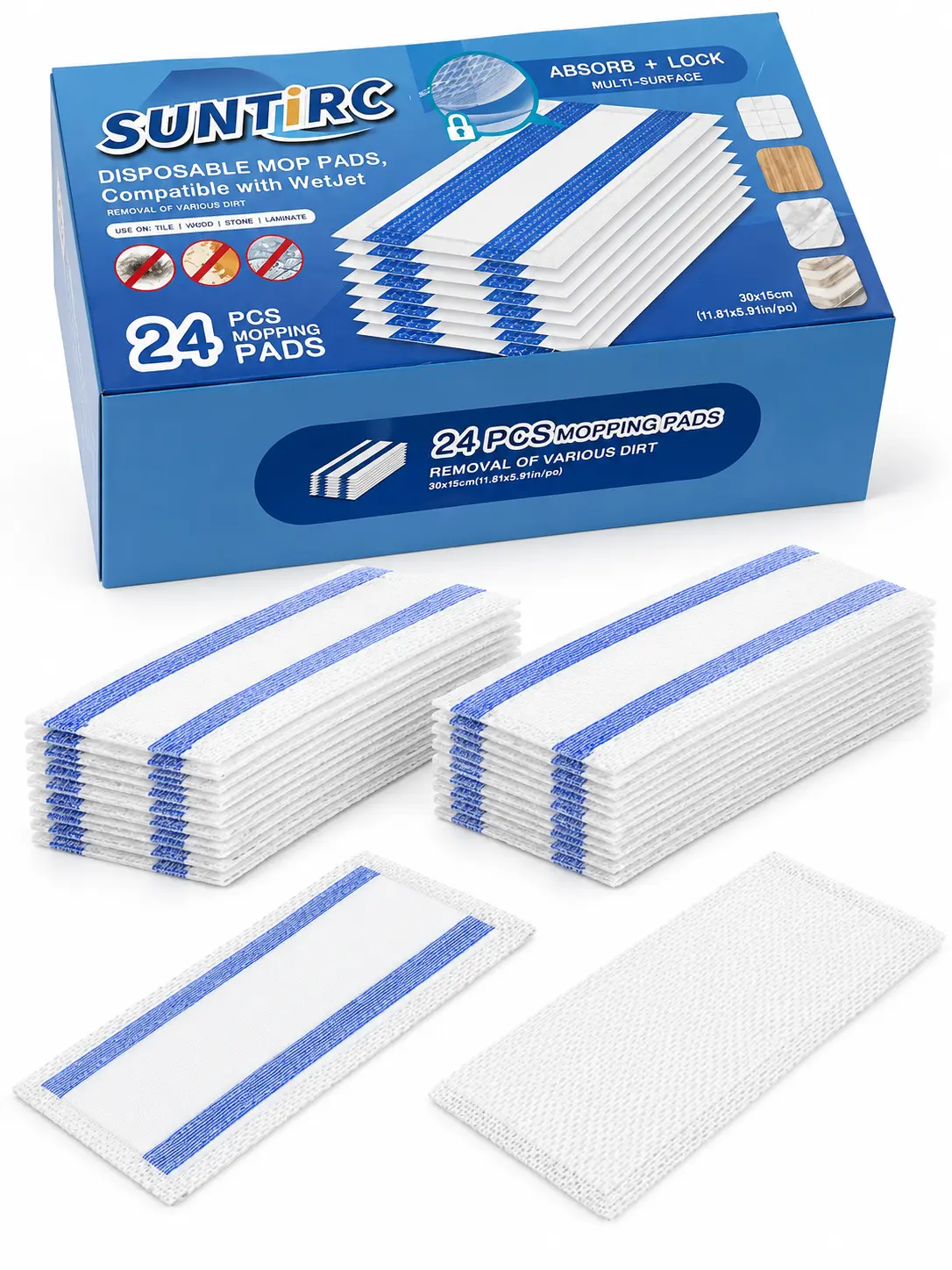 SUNTIRC Disposable Mop Pads Refill, 24 Count Compatible Hook & Loop Mop Replacement Pads, Absorbent Multi-Surface Floor Cleaning Pads for Tile Wood Laminate Marble