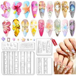 5PCS Quick & Easy 3D Silicone Nail Molds with Flower Shell Letter Mold Reusable Clear Modeling Templates Tools for Fast Sculpting Design Home DIY Nail Art Salon Manicure
