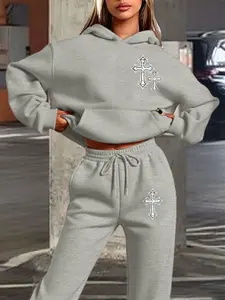 Hooded Sweatshirt Set, Women, Fall Winter Trendy Cross Print, Dark Style, Loose Fit, Comfortable Daily Wear