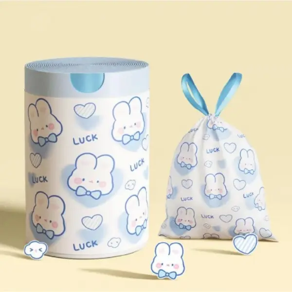 Cute Blue Lucky Bunny Drawstring Trash Bags, 1 Roll (100Pcs) Leak-Proof Thick Disposable Garbage Bags for Bedroom, Bathroom, Home Use