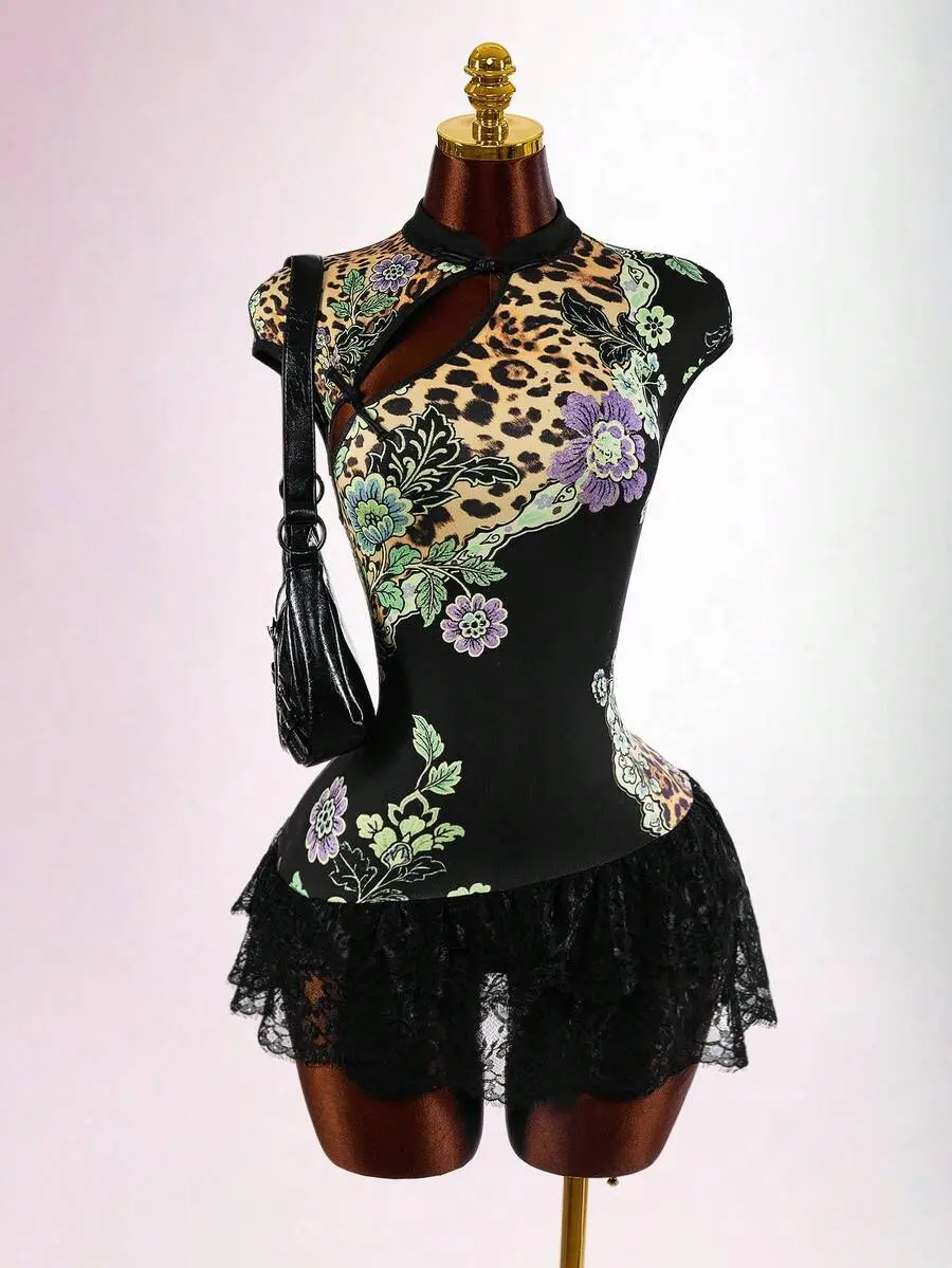 JEWEL New Chinese Style Cheongsam Collar Waist-Cinching Patchwork Lace Mini Dress for Women