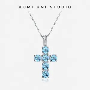 S925 Sterling Silver Natural Swiss Blue Topaz Cross Pendant Necklace Luxury Fashion