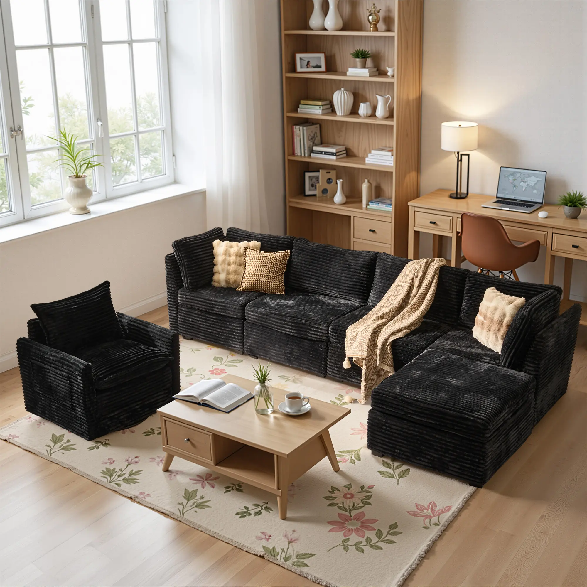 6PCS Modern Sectional Sofas Couch With Swivel Chair,Deep Seat Cloud Couch With Ottoman Set For Living Room,Easy Assembly,Free Combination