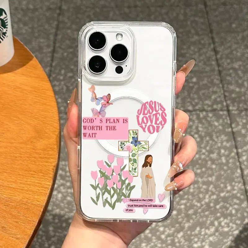 Girly TPU Transparent Magnetic Casing for iPhone 11-17 Pro Max, Aesthetic Religious Collage Pattern Phone Case with Protection, Light Yet Protective, Lightweight for All-Day Ease Mobile Accessories, Magnetic Cover, Unique Collage Art