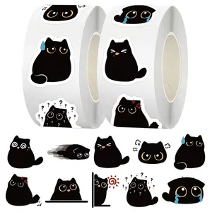 500pcs Black Cat Cartoon Roll Up Adhesive Stickers Series Sealing Stickers Cup Laptop Travel Case Notebook DIY Decorative Stickers Birthday Gift Funny Stickers