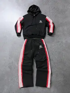 Houston Striped 2-Piece Tracksuit Set - Black & Red Oversized Hoodie + Wide-Leg Pants, Soft Comfortable Streetwear Outfit Sportswear Set Sweatsuit Matching Set Sporty Set Sportswear Indoor Outdoor for Daily Errands, Gym & Casual Hangouts 2026 TikTok Trend