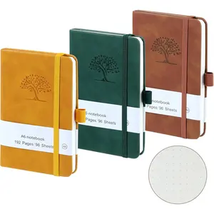 Small Notebook, Pocket Notebook, 3 Pack, Notebook A6, Dotted,3.7" x 5.7"Leather, Brown, Green, Yellow,192 Pages Each, Hardcover, Mini Journal Notepad, Embossing Tree Design