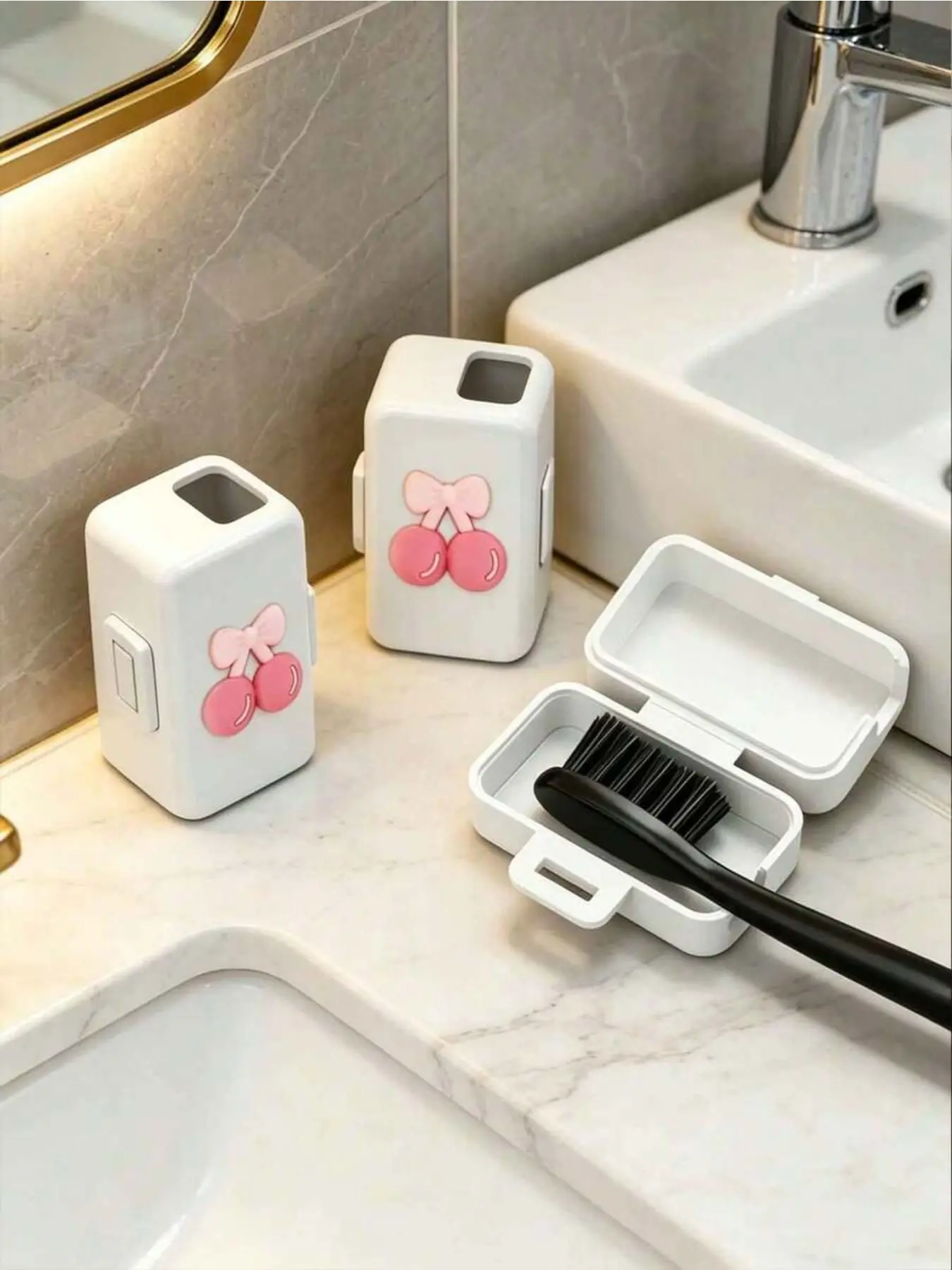 Cute cherry bow travel toothbrush case with lid. Portable plastic toothbrush storage box with dedicated space for toothbrushes. Lovely cherry pattern, ideal for travel and daily bathroom use.