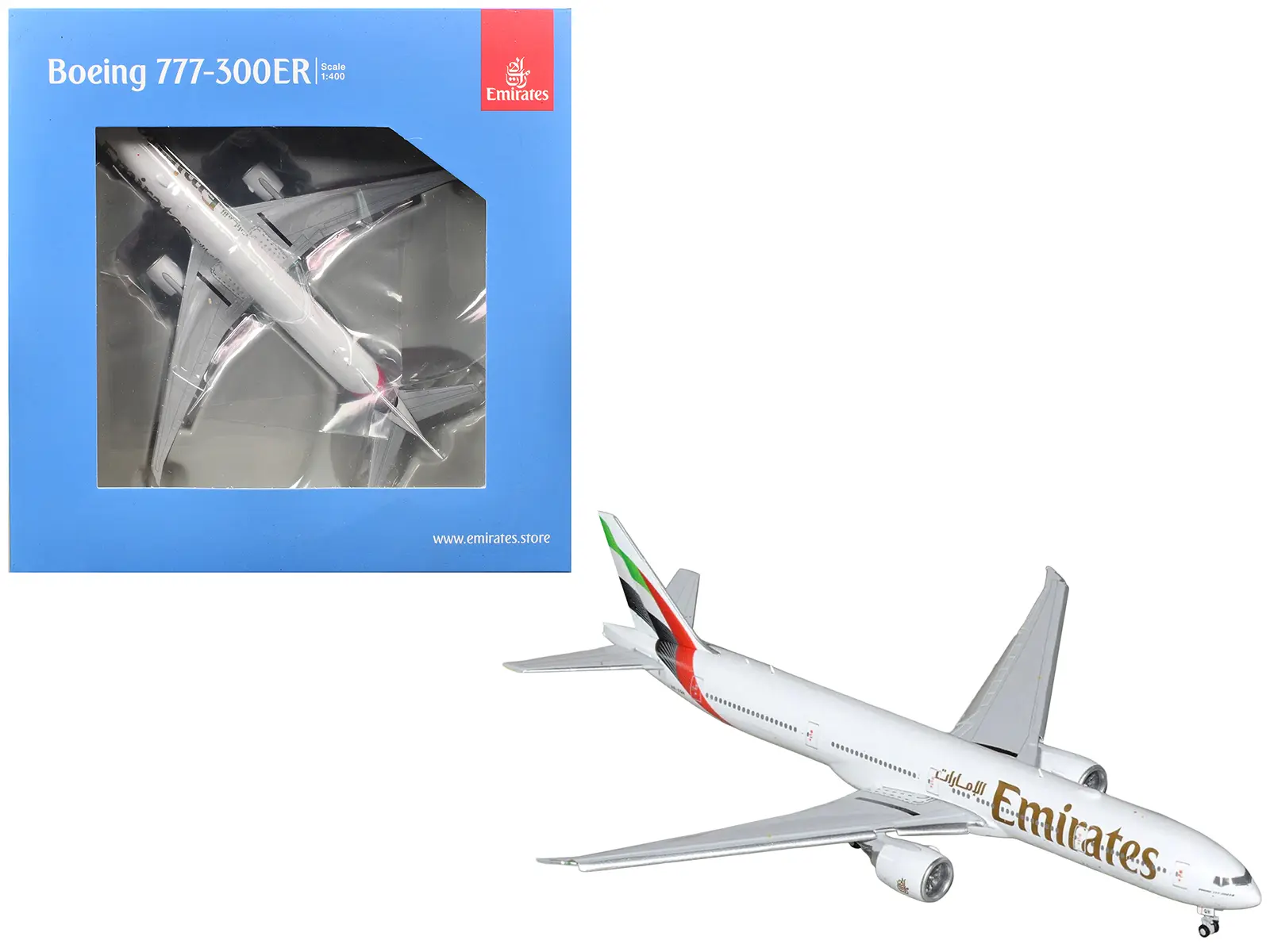 Boeing 777-300ER Commercial Aircraft with Flaps Down "Emirates Airlines" White w/Striped Tail 1/400 Diecast Model by GeminiJets