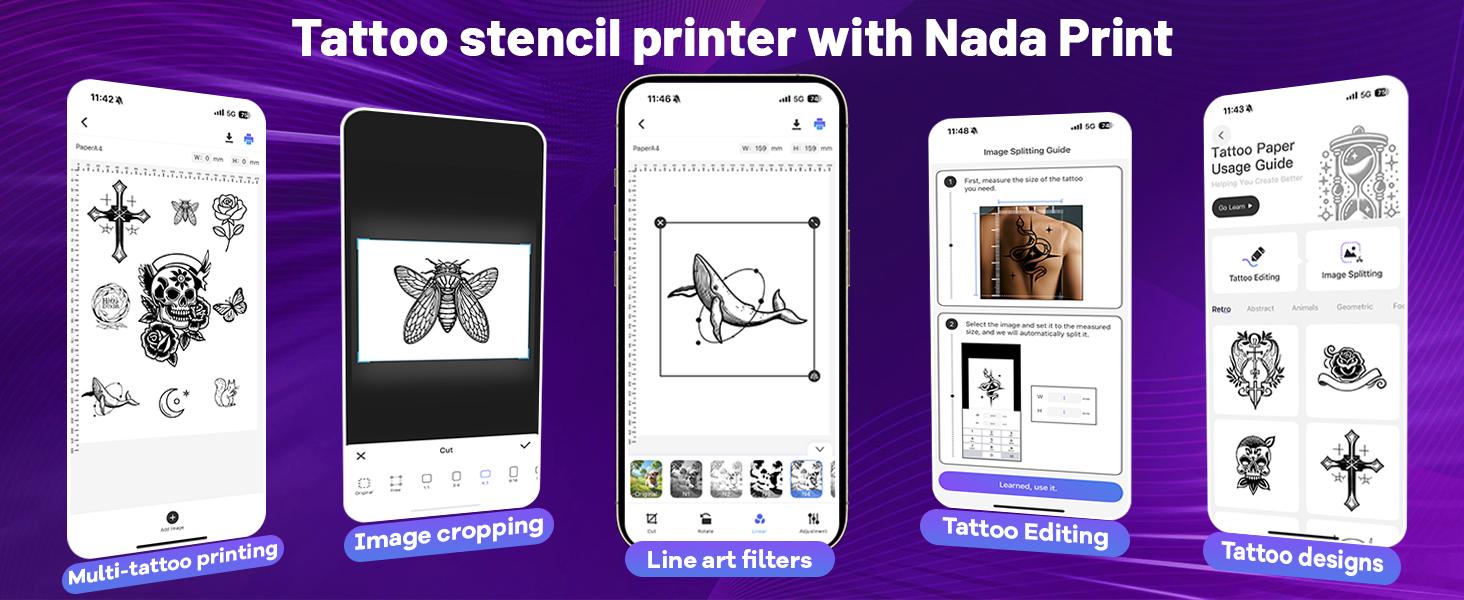 Tattoo Stencil Printer, Bluetooth Thermal Tattoo Printer Machine, D80 Portable Stencil Printers for Tattooing with 10pcs Transfer Paper, Compatible with iOS, Android and PC (Black)