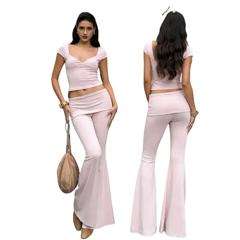 Sweetheart Neck Short Sleeve Ruched Bust Crop Top & Foldover Waist Flared Leg Pants Two Piece Set for Women's 2026 Summer New Arrival Slim Fit Bodycon Party Club Dating Night Casual Outfit