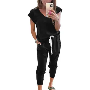 PrettyGarden Women's Two Piece Tracksuit V Neck Outfits Short Sleeve Tops Long Pants With Drawstring And Pockets Jogger Sets loungewear
