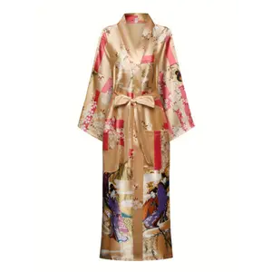 [Soft Polyester] Elegant Cherry Blossom Kimono-Style Robe - Soft Polyester, V-Neck, Geometric Pattern, Pockets - Comfortable Sleepwear for Women, All-Season