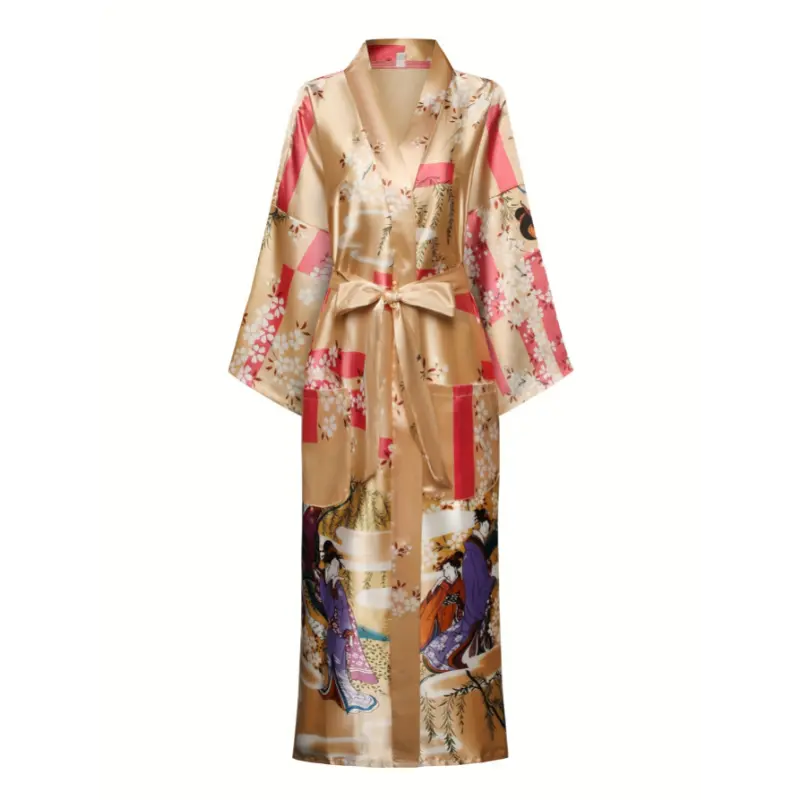 [Soft Polyester] Elegant Cherry Blossom Kimono-Style Robe - Soft Polyester, V-Neck, Geometric Pattern, Pockets - Comfortable Sleepwear for Women, All-Season