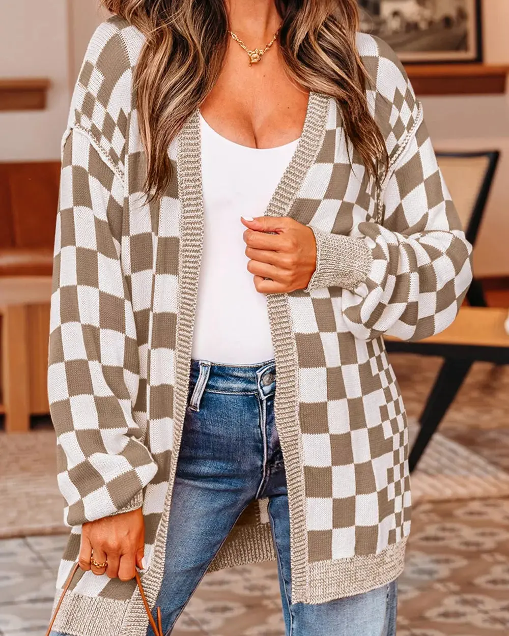 Checkerboard Print Open Front Knit Cardigan