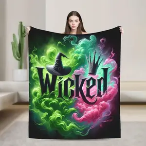 Wicked Anime-Themed Flannel Blanket - Vibrant Witch Hat & Crown Design, Soft All-Season Throw For Living Room, Sofa, Office & Travel - Multi-Purpose Home Decor Accessory, Animeinspired Design, Comfortable Texture, Playful Pattern, Warm Material, Cozy Life