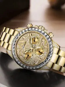 Namkin Men's Mechanical Watch, Luxury Full Diamond Style, Hollow Gold Dial, Time Function, Date Display, Party Business Social Fit