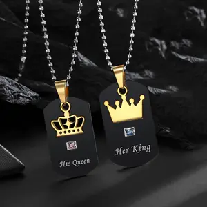 Unisex 2-Piece Exquisite Jewelry Gift Couple Necklaces Set - Rhodium-Plated Stainless Steel Chain, Crown-Shape Square Pendants, Modern Versatile Fashion Accessories for Anniversary, Daily Wear, Modern Versatile Accessories