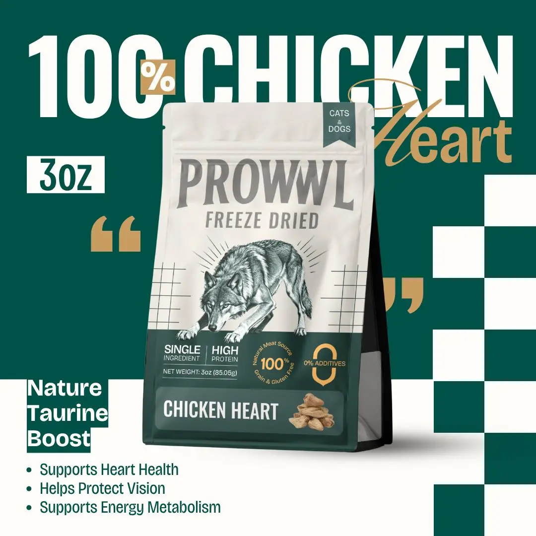 PROWWL Freeze Dried Chicken Heart - 100% Natural Meat, High Protein, Grain-Free, Gluten-Free, Supports Heart Health & Energy Metabolism