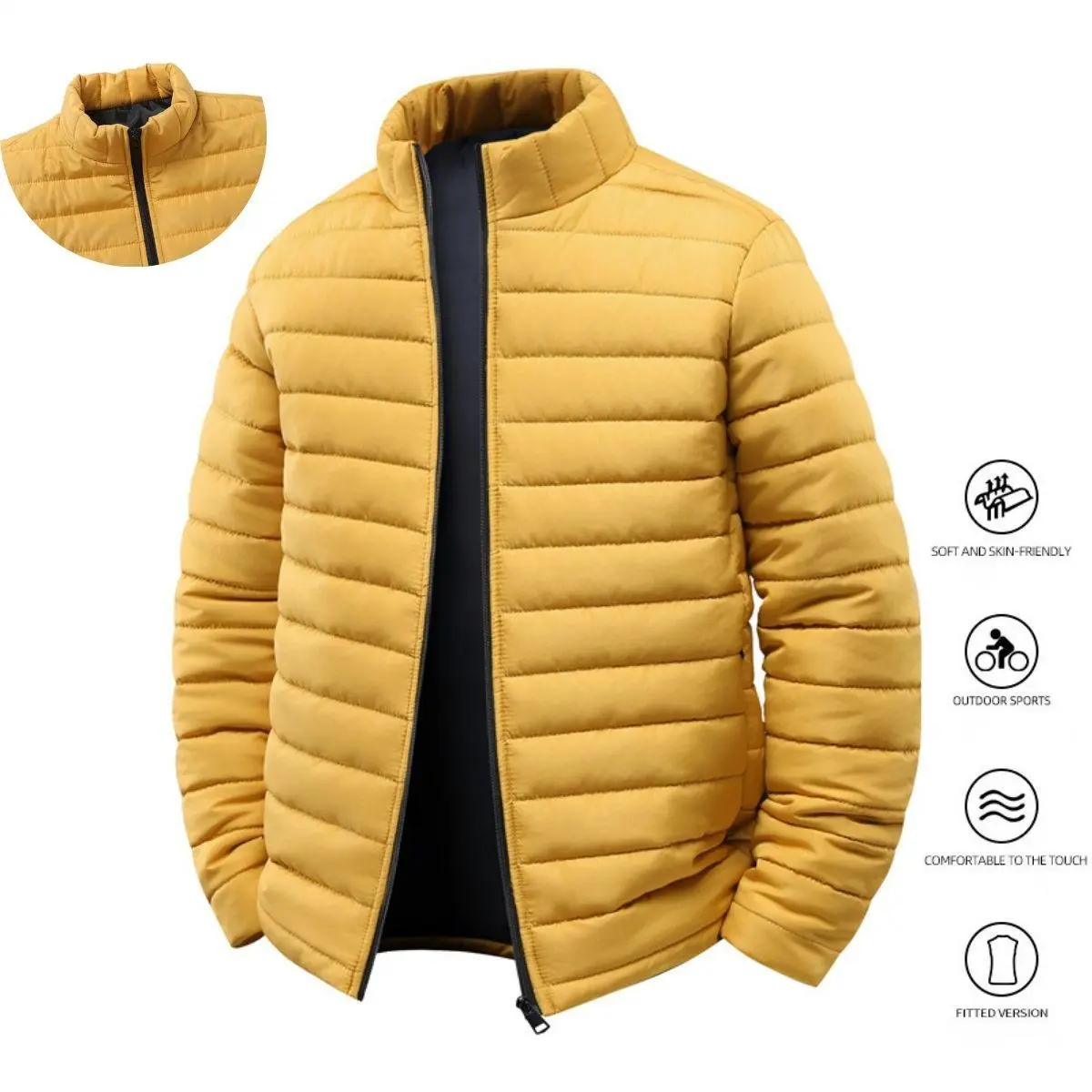Men's Stylish Collared Neck Cashmere-Blend Fleece-Lined Windbreaker Jackets - Thick Warm Cotton Plain Zip-Front Medium-Length Winter Outerwear, Black Casual Top for Couples