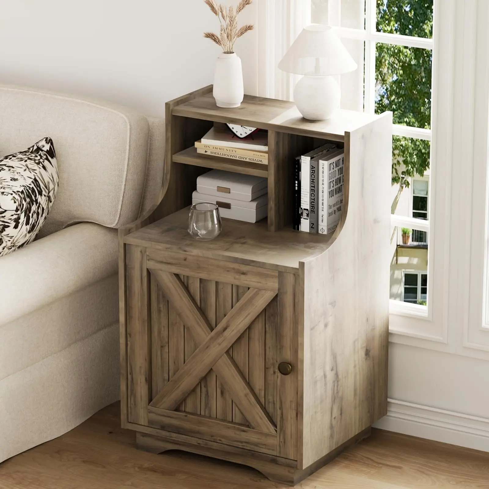 [SummerSale] HOMBCK Farmhouse Nightstand with Hutch, 30" Tall Night Stand with Storage, Tall Bedside Table End Table for Bedroom Living Room Sofa Office#home essentials#back to school