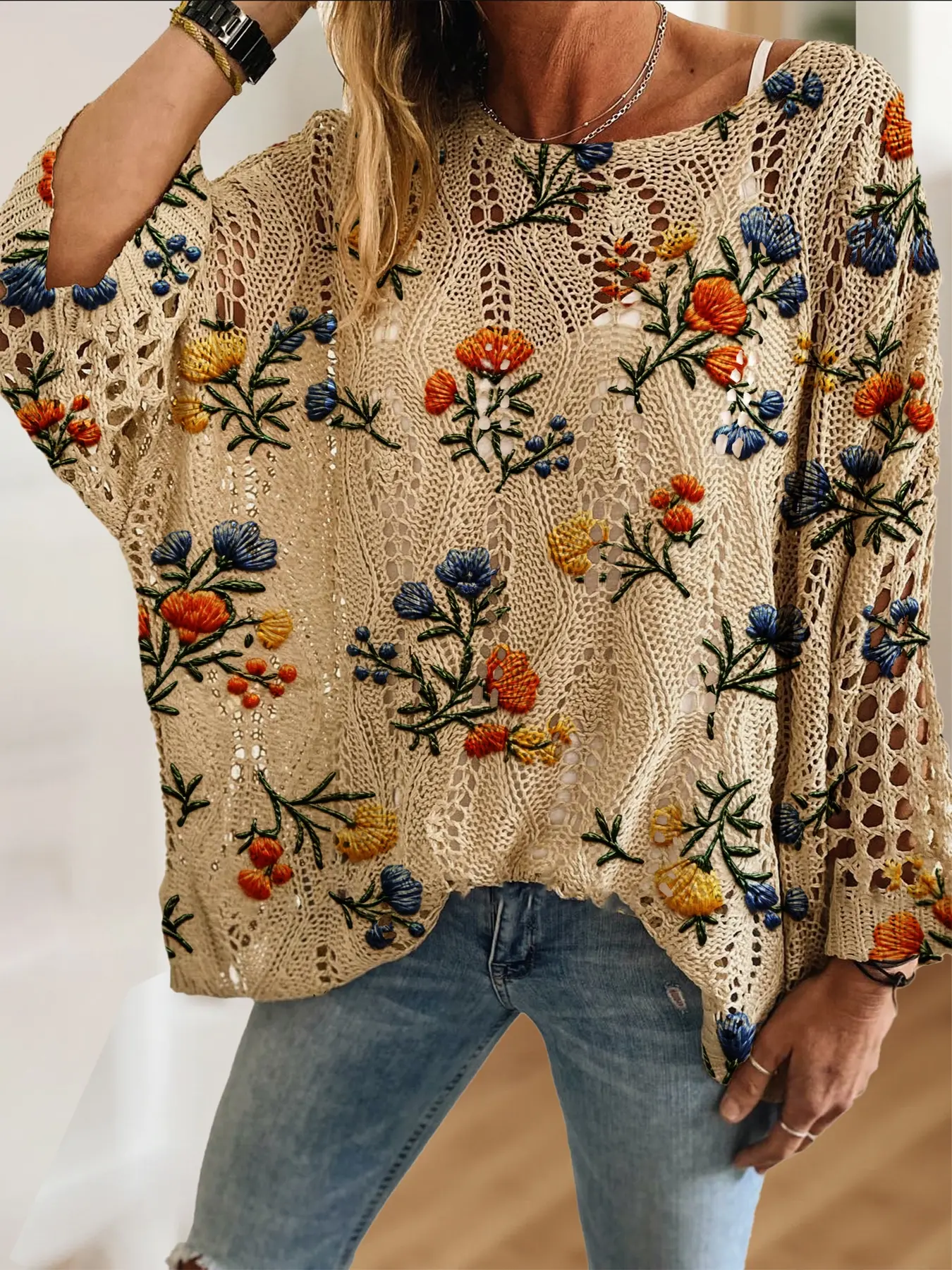 Women's Floral Colorblock Embroidered Knit Top, Casual Elegant Vacation Style, Comfortable Breathable Loose Fit, Spring Summer Fall Fashion