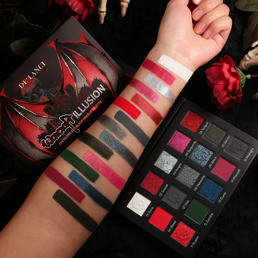 DE'LANCI Warcraft Illusion Eyeshadow Palette, 15 Red & Black Goth Shades with Matte, Glitter & Shimmer Finishes, Highly Pigmented, Hypoallergenic Cosmetic for Smoky & Cosplay Looks, Cosmetic Eyeshadow, Makeup