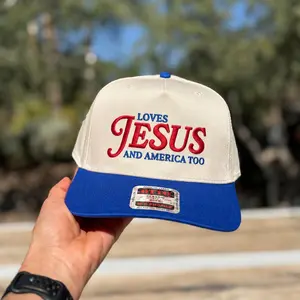 Loves Jesus And America Too Embroidered Hat, 4th of July USA Trucker Hat, Patriotic Christian Baseball Cap