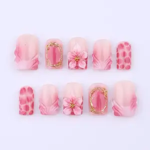Spring Press On Nails with Pink Floral & Gold Frame | 3D Fake Nails in Short Square | Handmade Nail Art for Everyday Wear Or Gift