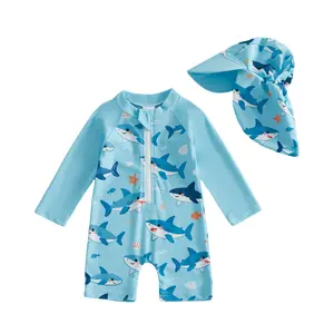 Babamoon Toddler Baby Boy Swimsuit 2 Pcs Set Adorable Fruit Palm Tree Print Shark Long Sleeve Summer Beach Rash Guard Swimwear and Sun Hat 3M-3Y