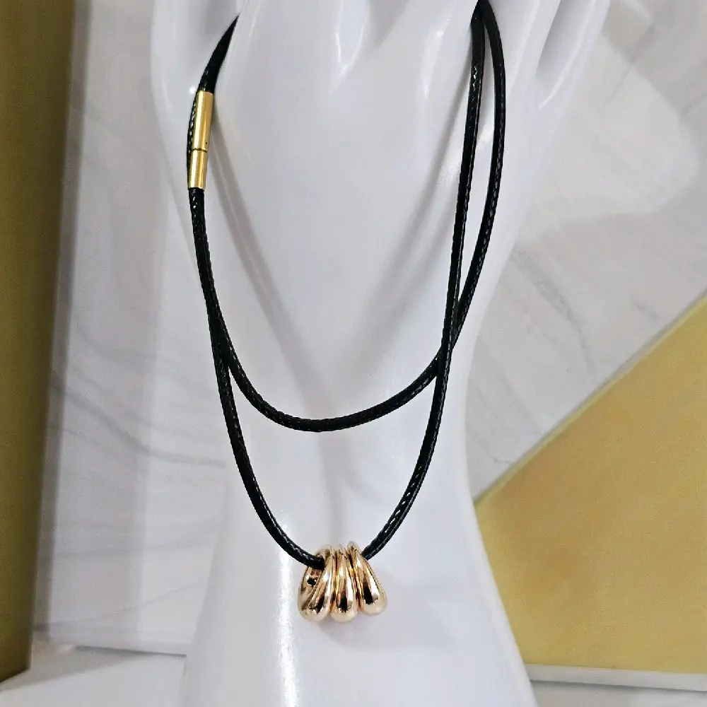 Black Leather Necklace, 20in Long, Adorned with 3 Gold-Plated Ring Charms