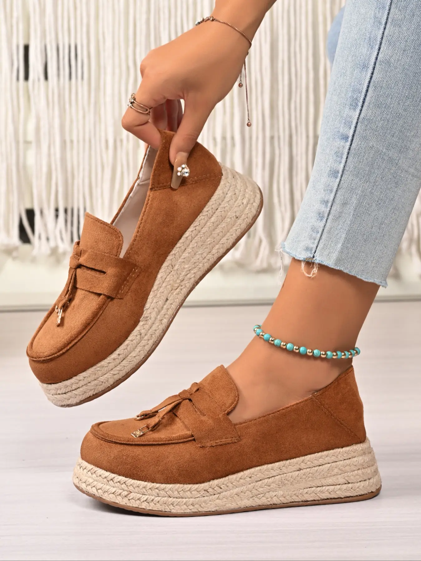 Women's Fall New Matte Chunky Thick Rubber Sole Round Toe, Brown, Straw Woven Wedge Platform Retro Slip-On Lazy Single Shoes, Slip On Wedges, Slip On Footwear