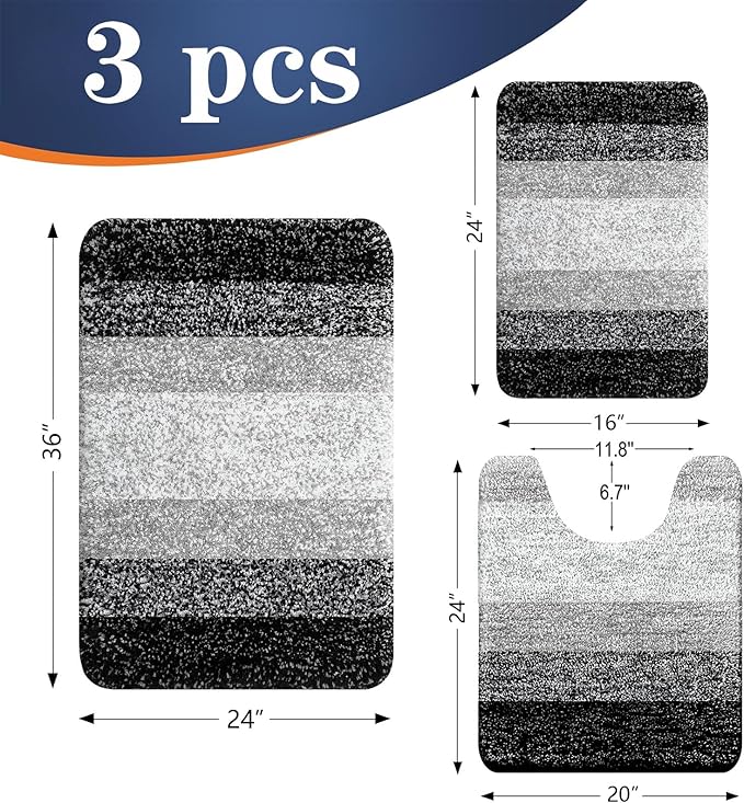 3‑Pieces Gradient Bathroom Rugs Set, Shaggy Absorbent Bath Mats with Non‑Slip Backing, Machine Washable Decorative Area Rugs for Bathroom & Kitchen