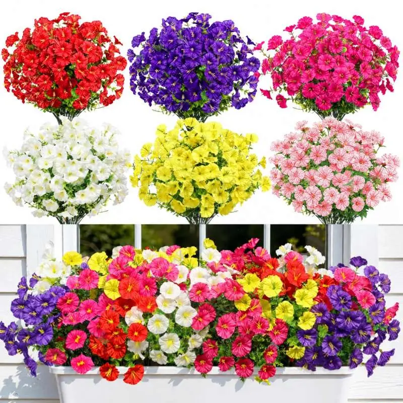 Realistic Artificial Morning Glory Flowers - UV & Sun Resistant Outdoor/Indoor Plants, No Fade Vibrant Purple/Rose/Pink/Yellow/Pink/White/ Lavender/, Low Maintenance Faux Floral Decor for Garden, Patio, Porch, Outdoor Artificial Flowers (6/12/24 bundles)