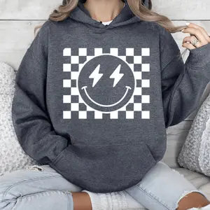 Checkered Pattern Smile Face Hoodie, Smiley Face Hoodie,Smile Face Hoodie,Happy Face ,Cute .
