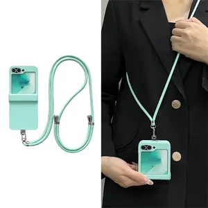 Ins Senior Korean Mint Green Case with Crossbody Necklace Rope for Samsung Galaxy Z Flip 7 ZFlip 6 ZFlip 5 Z Flip4 Z Flip3 Cover
