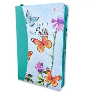 Biblia con Cierre Letra Grande 12 puntos RV1960 imit. piel floral/mariposas turquesa con índice y canto floral
