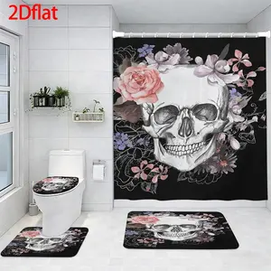 Family Shower Curtain Set Floral Skull Gothic Pattern Shower Curtain with Hooks.Bathroom Set with Shower Curtain and Rugs and Accessories Bathroom Decor Curtain with 12 Hooks