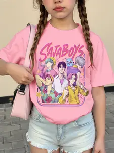 Girls' Round Neck Short Sleeve T-Shirt, Graphic Print Tee, K-Pop Boy Group Cartoon Pattern, Soft Comfortable Knit Fabric, Summer Vacation Outdoor Activities
