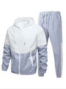 Men's Colorblock Zip Up Hooded Jacket & Pants Tracksuit Set, Regular Fit Sporty Long Sleeve Hooded Outerwear & Trousers, Men's Sportswear for Running Gym Workout
