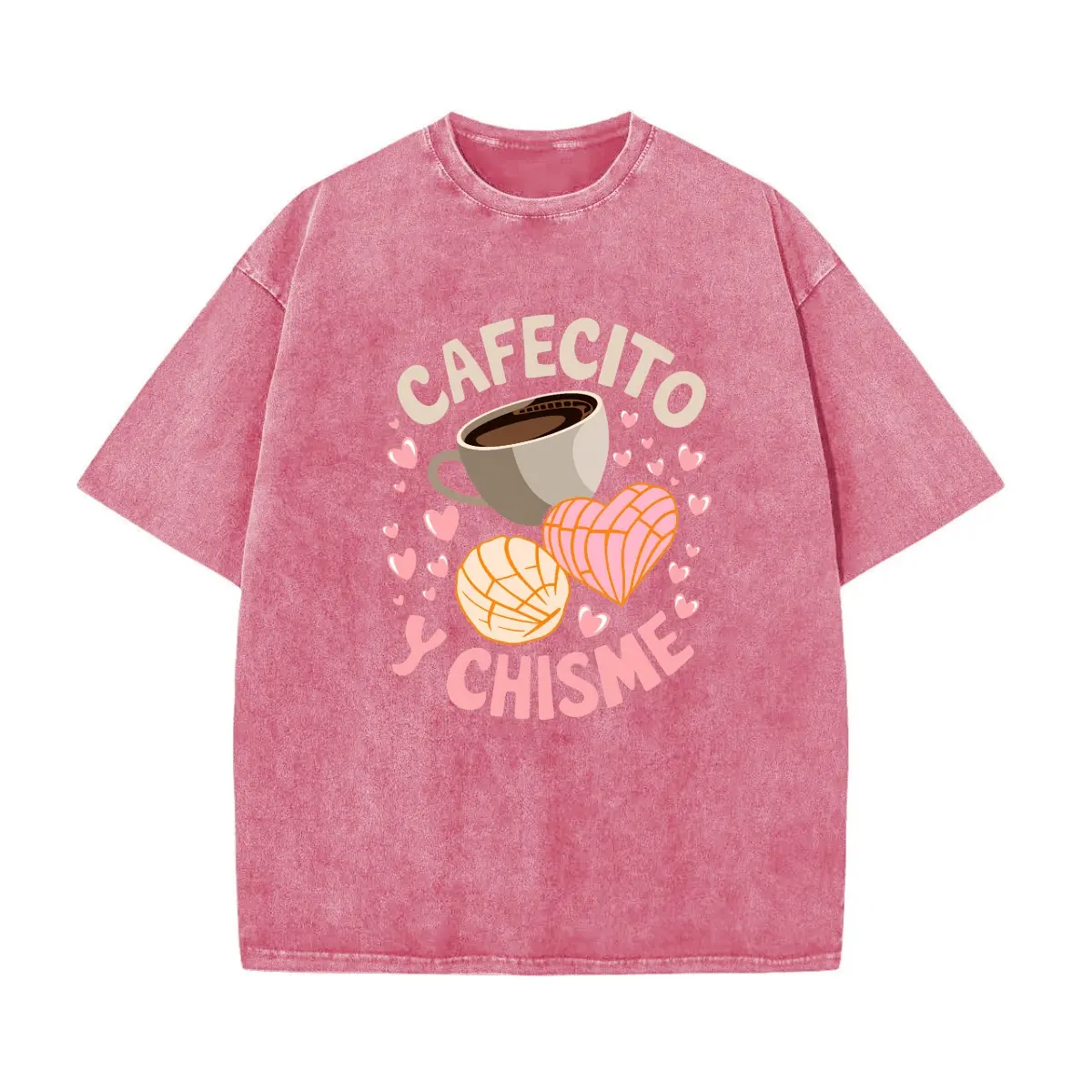 Washed Pink-Latin America Mexican Baking Concha Bread Concha Printed T-Shirt, Faith Walk T-Shirt, Floral Pattern Casual T-Shirt, Unisex, Sports Sweater, Heart Neckline