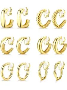 Gorgeous 6 Pairs Golden Clip on Hoop Earrings Alloy Chunky Hoop Earrings for Women Men Non Piercing Fake Earrings Set Fashionable Jewelry