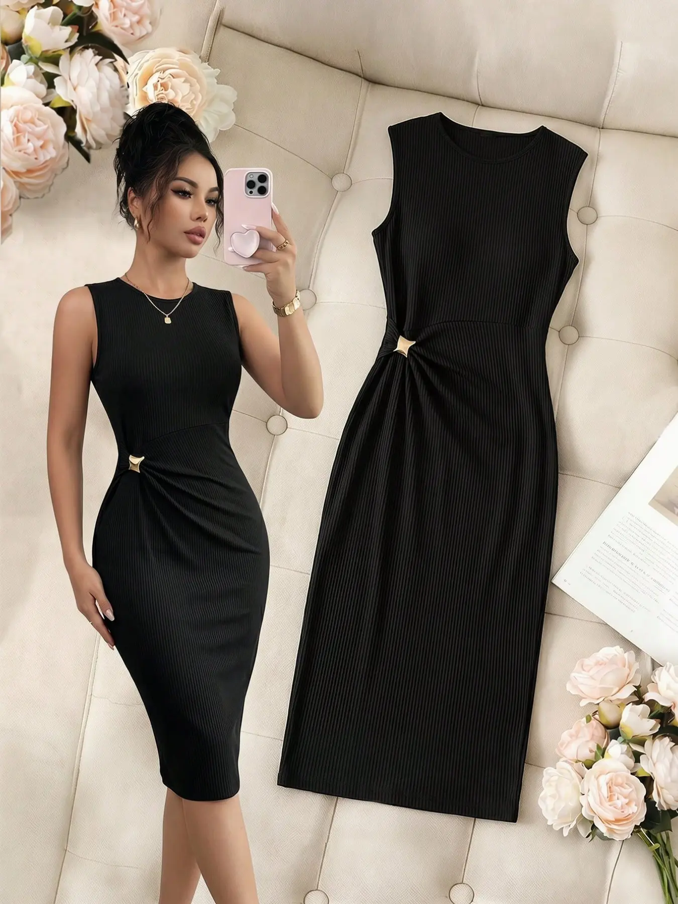 Medium-Length Monochrome Bodycon Dress, Elastic Metal Decor, Suitable for Various Occasions, Everyday, Festive Events, Multiple Settings