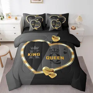 and Crown Comforter Bed Set with Sheets,Romantic Gold White Loving Heart 7 Piece Bedding Set,Couple Lover Gray and Black Wedding Bed Bag,Adults Men Bed Set
