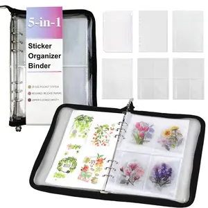 5-in-1 Sticker Organizer Book Reusable A5 Storage Binder with 220 Pockets,10 Release Papers, Zipper Album Sticker Collecting Display Keeper (Black)