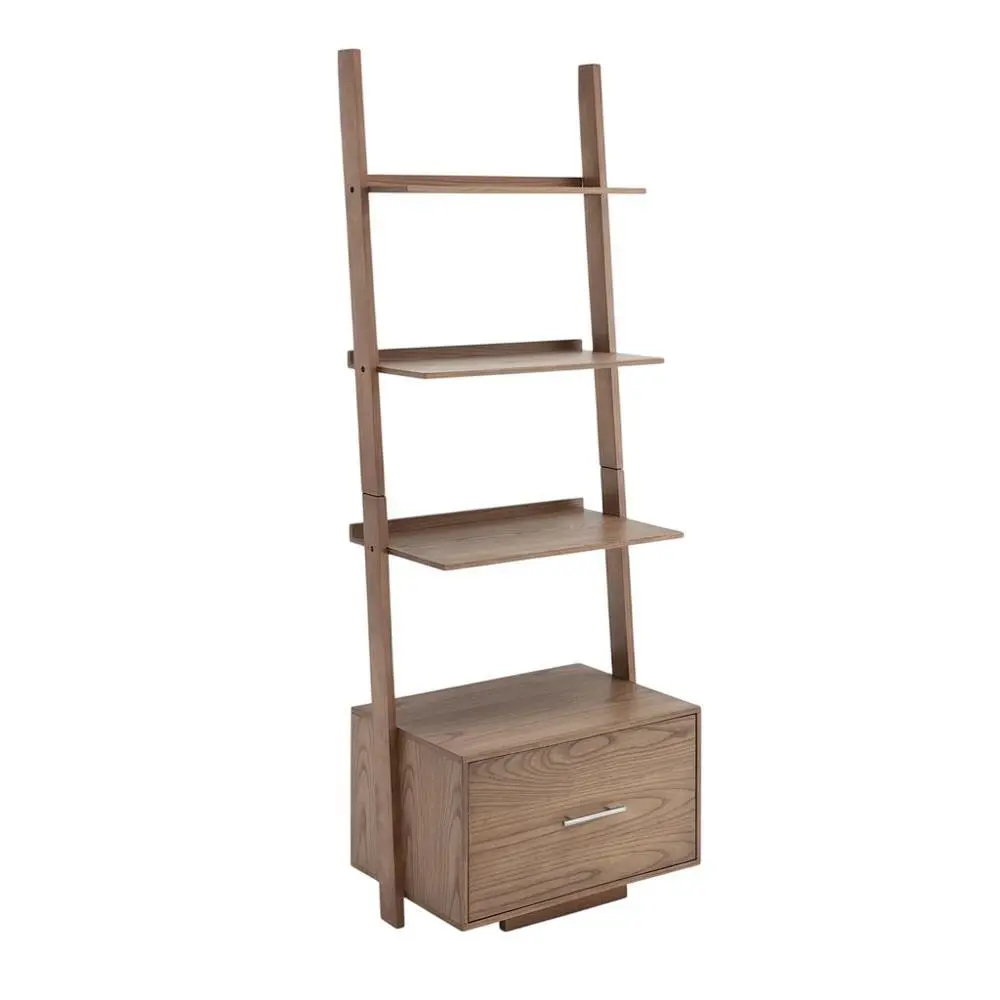 Ash Veneer Ladder Bookcase with File Drawer for Storage and Organization